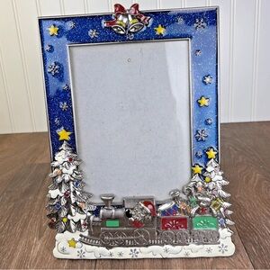 Enameled Metal Christmas Photo Frame Santa Train Trees 3D 5 X 7 Pic Pewter Tone